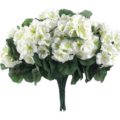 Lot de 6/12 fleurs de géranium artificielles pour la décoration intérieure extérieure jardin et terrasse - 1 pièce - Blanc (1/5)