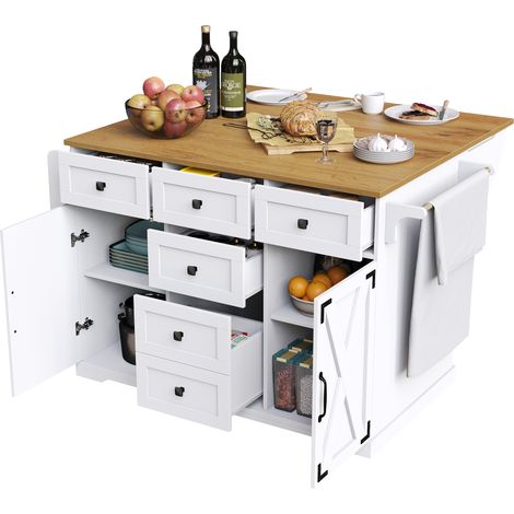 Îlot central Cuisine Mobile- Desserte cuisine avec plan de travail rabattable- 6 tiroirs & 2 Ports- En MDF- Blanc (1/5)