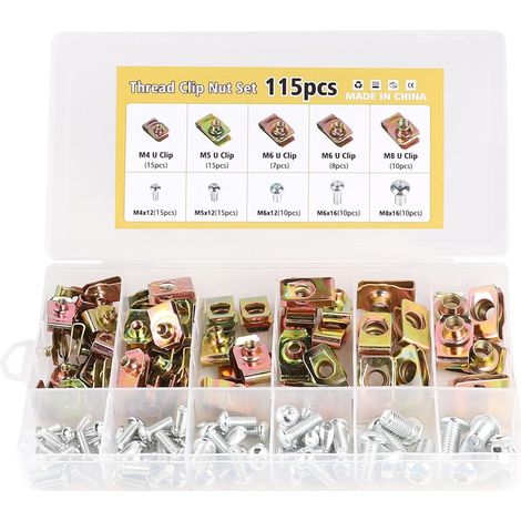 Clip à Vis et Écrou de Kit, 115 Pcs M4 M5 M6 M8 de Vis et Écrous de Fixation pour Garde-Boue de Voiture, Écrous Fixation Type U Clips Ecrou, Type U Sous Support de Passage Roue Kit (1/5)