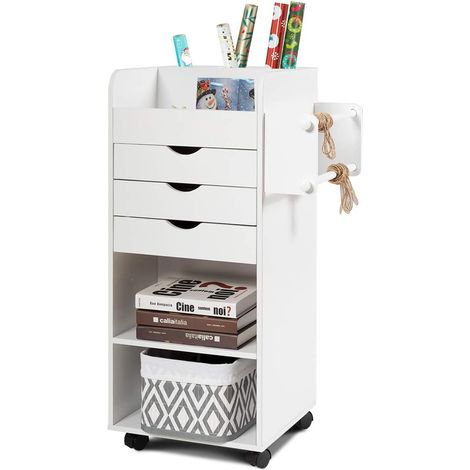 COSTWAY Meuble de Rangement à roulettes Verrouillables avec 3 Tiroirs 3 Etagères, 3 Fentes, 2 Barres pour Serviettes/Papier Desserte pour Cuisine, Salon, Bureau, 37,5 x 33,5 x 85,5 CM, Blanc (1/5)
