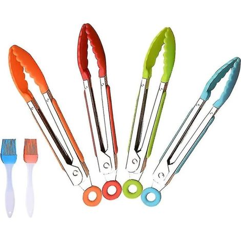 4 pinces de cuisine en acier inoxydable et silicone de 20 cm (rouge/bleu/orange/vert), 2 brosses à griller (1/5)