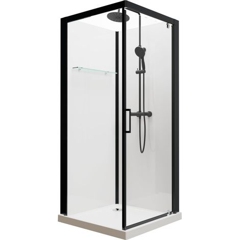 KINEDO - Cabine de Douche Intégrale Brooklyn Black - Verre/Aluminium/Acrylique - Porte Pivotante - Livrée Avec Robinetterie Noire - Fabriquée en France - 90 x 90 cm - Blanc et profilés noirs (1/5)