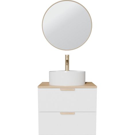 Meuble de salle de bain suspendu avec vasque à poser ronde, robinet et miroir – Blanc – L60 cm – AVORELI (1/4)