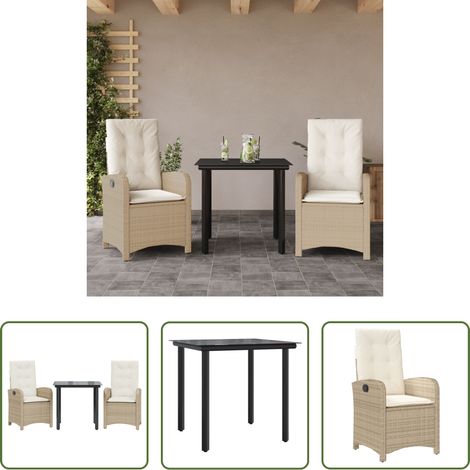 vidaXL Gartenessgruppe - 3-tlg. Garten-Essgruppe mit Kissen Beige Poly Rattan (1/5)