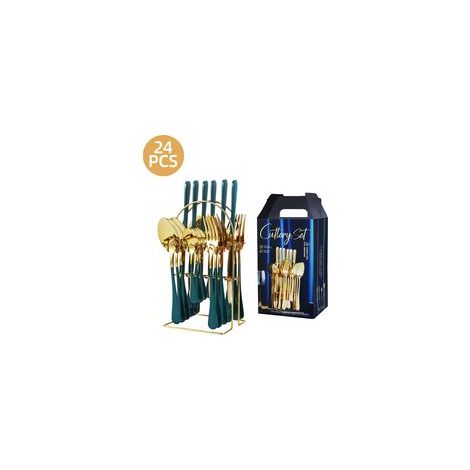 Ménagère 24 pièces en acier inoxydable avec support, finition miroir, pour 6 personnes, compatible lave-vaisselle, vert doré (1/4)