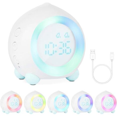 Reveil Veilleuse Enfant, Réveil Enfant Lumineux LED Fille Garcons Numerique Lampe Réveil Veilleuse Volume Réglable Snooze Réveil en USB Charge avec double alarme, éclairage d'ambiance(Blanc) (1/4)