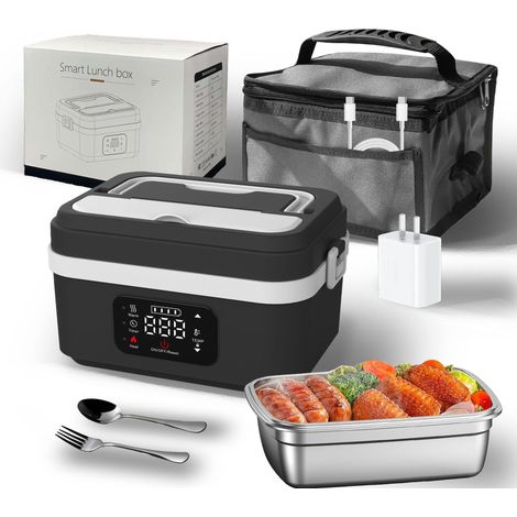 Gamelle Chauffante avec Batterie, Lunch box Chauffante avec Chauffage Programmable, Lunch Box Adulte de 1L, Boite Chauffante Repas à Séparateurs Amovibles, Couverts et Sac Isotherme