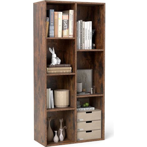 COSTWAY Libreria a 7 Cubi, Scaffale Espositivo con 2 Kit Antiribaltamento, Verticale o Orizzontale, Mobile per Camera da Letto Soggiorno Salotto, 49,5 x 23 x 106 cm (Marrone) (1/5)