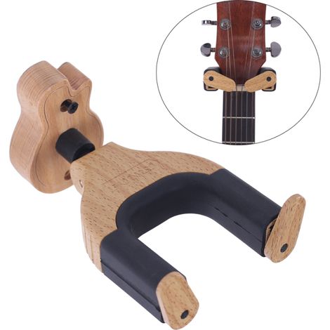 Wandhalterung für Gitarren mit Haken, automatischer Verriegelung und gitarrenförmigem Sockel aus Massivholz für elektrische und akustische Gitarren sowie Bassinstrumente. (1/5)