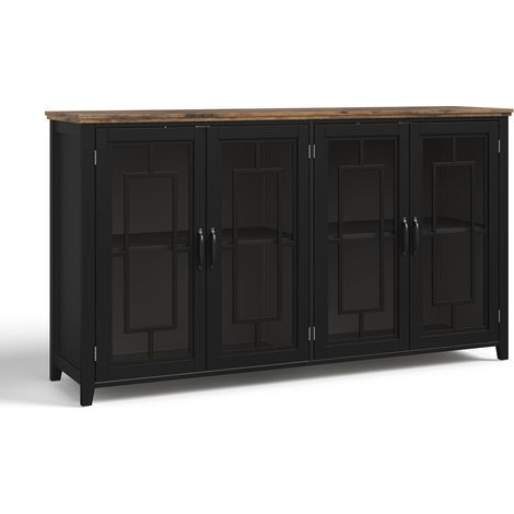 Aparador de cocina 160 cm con puertas de cristal, encimera efecto madera y sistema antivuelco HOMVRA (1/4)