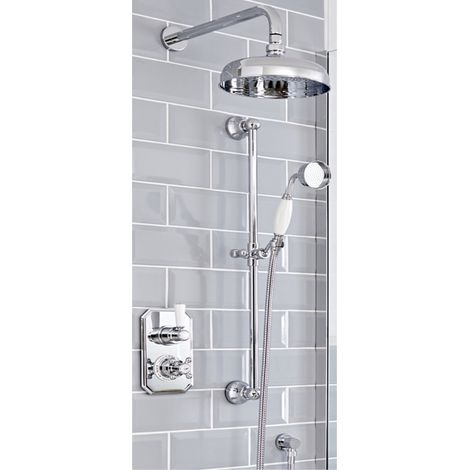 Milano Elizabeth 2 Outlet Twin Diverter Thermostatic Mixer Shower Valve with Round Rainfall Shower Head and Riser Rail Kit - Chrome & White (1/5)