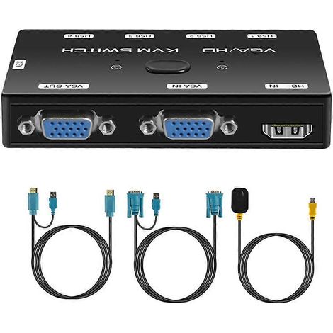 Commutateur KVM VGA+HDMI 1080p avec port USB 2.0 pour 2 hôtes partageant souris, clavier et moniteur