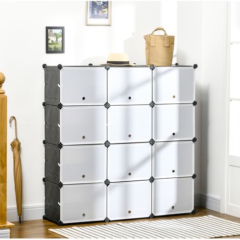 Meuble à chaussures 12 cubes avec portes, plastique et acier, noir et blanc, 125 x 32 x 125 cm (1/5)