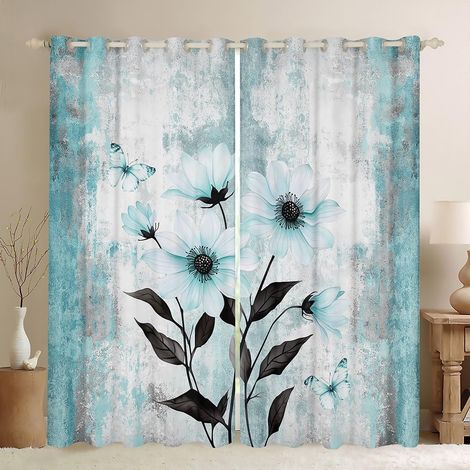 Rideau Occultant 117x183 cm Turquoise Daisy Fleur,Rideau Fleur de Printemps,Rideaux Voilage Peinture À l'huile Abstraite Aquarelle Floral Rustic Farmhouse,Design Bleu Gris Ombre - 117L X 183H cm (2 Pa (1/5)