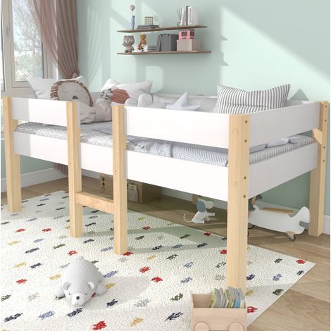 Cama infantil semialta con barrera de seguridad, escalera y somier de láminas incluido, para colchón 90 x 190 cm, en blanco y madera de pino - CHICFURN (1/5)