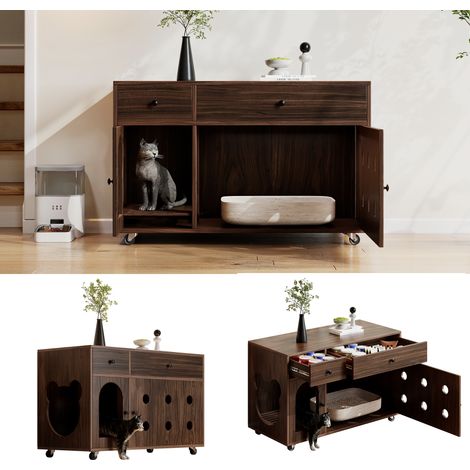 Meuble pour litière pour chat (toilette pour chat mobile) – meuble pour chat/maison pour chat avec plaque de récupération du sable amovible, anti-odeurs, sans bac à litière, 100×45×66 cm, couleur noye (1/5)
