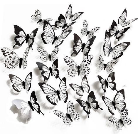 24PCS 3d simulation en trois dimensions noir et blanc motif papillon stickers muraux événement fête salon chambre armoire décoratif stickers muraux (1/5)