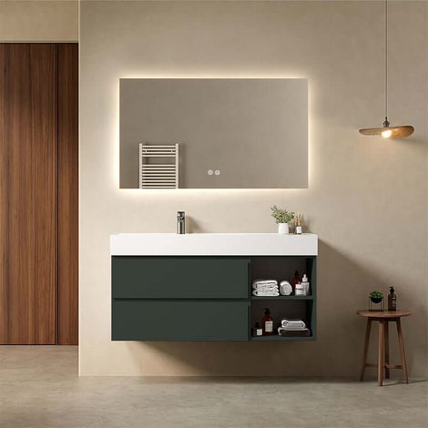 Mobile bagno sospeso 120 cm Verde Comodoro Lavabo a Sinistra in Resina Specchio Quadro Retroilluminato - Fiji Paint Plus (1/4)