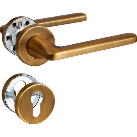 Poignée de Porte laiton antique, Garniture de Prothèse en Acier Inoxydable Brossé Mat, Poignée pour Porte d'Entrée et Porte Intérieure, Forme en L, Rosace Ronde, PZ - Cylindre de Profil (1/4)
