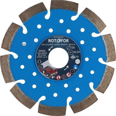 Disque diamant segments soudés Rotofor - Alésage 22,23 mm - Hauteur segment 10 mm - Coupe béton, brique, parpaing - Diamètre 125 mm mm (1/3)