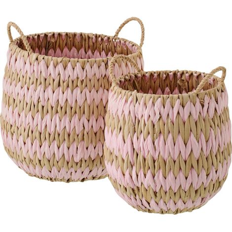 Set de 2 paniers tressés avec anses - naturel et rose clair (1/4)