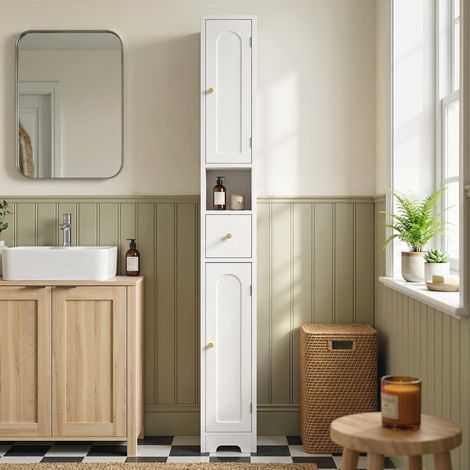 Meuble de salle de bain étroit avec tiroir, portes cintrées, compartiment ouvert, étagère réglable, 20 x 20 x 185 cm, blanc (1/5)