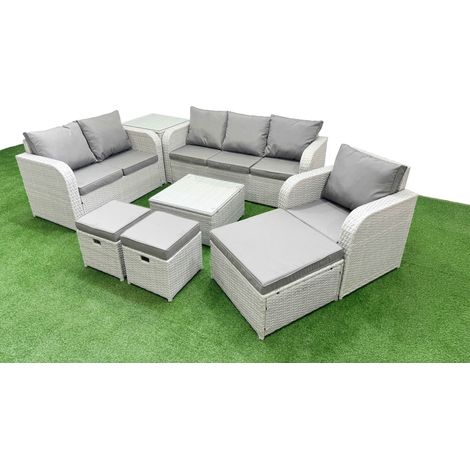Fimous Patio PE Wicker 9 Seater Outdoor Rattan Furniture Sofa Sets with Square Coffee Table Reclining Chair Loveseat Sofa 3 Seater Sofa Stool Side Table Light Grey (1/4)