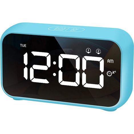 Réveil Numérique LED avec Fonction Snooze Surface Miroir Rechargeable USB 12 / 24H pour Bureau de Chambre Bleu- (1/5)