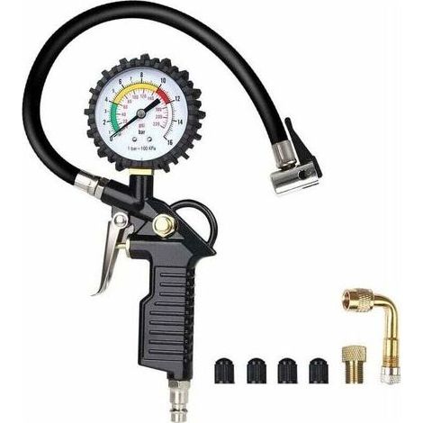 Manometre Pression Pneu, Numérique Manomètre Pneu, Pistolet de Gonflage Manomètre Avec 4 Bouchons de Valve//un Adaptateur de Buse à Air Français//une Tige de Rallonge en Métal de 90 Degrés-- (1/4)
