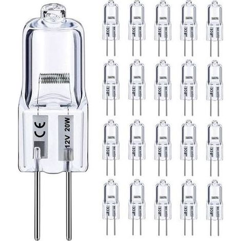 Ampoule halogène G4 12 V 20 W, lot de 20, intensité variable, blanc chaud 2 800 K, longue durée de vie, pour éclairage sous meuble ou lustre. (1/5)