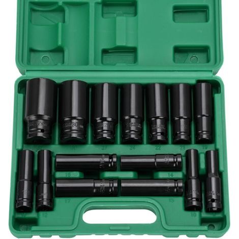 15pcs 1/2" Impact Socket Set, 6 Point CR-V 8-32mm Deep Metric Impact Sockets, 1/2" Impact Socket Box with Carrying Case, for Auto Repair (1/4)