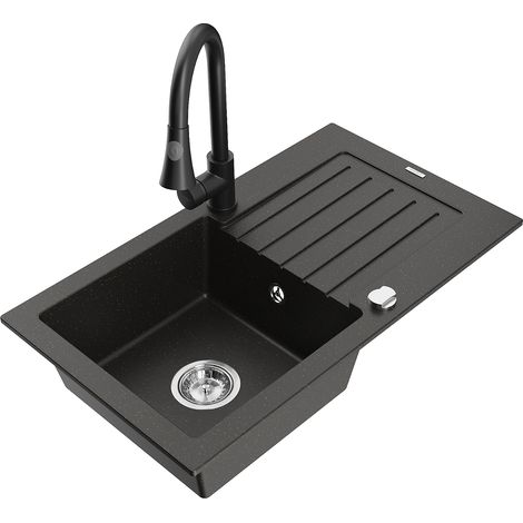 Mexen Pablo lavello in granito a 1 vasca con scolapiatti e rubinetto da cucina Elia, nero/oro metallizzato - 6510-75-670101-70 (1/5)