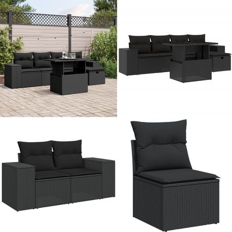 Salon de jardin 6 pcs avec coussins noir résine tressée - Ensemble Salon De Jardin - Mobilier De Jardin - Table Extensible - Chaise Lounge - Set De Jardin - Home & Living (1/5)