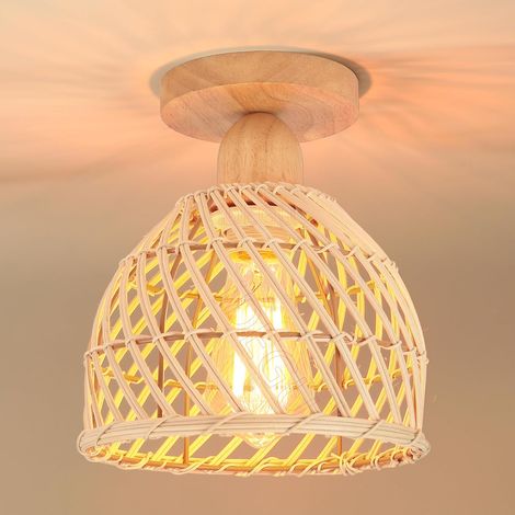 Rétro Plafonnier en Bois et Bambou Lustre Industriel E27 Luminaire Abat-Jour Design Spirale Cage Lampe Suspension Vintage LED Éclairage de Plafond pour Chambre Salon Entrée Couloir Café (20cm) (1/5)