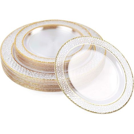 Assiettes en plastique rigide dorées 20x26cm et 20x19cm – Réutilisables pour événements élégants – Durabilité premium (1/5)