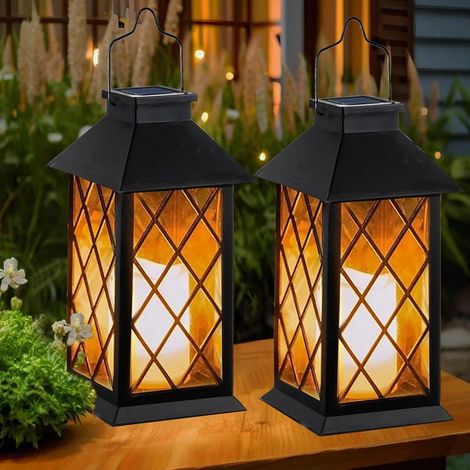Lot de 2 lanternes solaires creuses d'extérieur étanches à suspendre avec bougies LED vacillantes sans flamme - Lanterne décorative solaire pour porche, jardin, terrasse, cour, table (1/5)