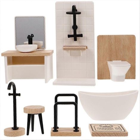 Meuble de salle de bain en bois comprenant 8 pièces : WC, baignoire, lavabo. (1/5)