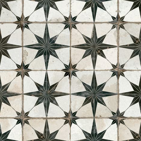 Carrelage Vintage effet Carreau ciment Etoile Noire et Fond Blanc 45x45x0,95 cm Sparta - Sol et mur intérieur (vendu par carton de 1 m²) - RO'MA CARRELAGE