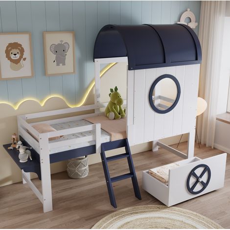 Letto a castello 90x200 cm bianco e blu, struttura in legno e MDF con tetto (1/5)