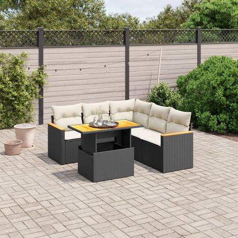 Ensemble salon jardin 6 places résine tressée noir avec table extensible et coussins déhoussables - Mobilier extérieur modulaire (1/3)