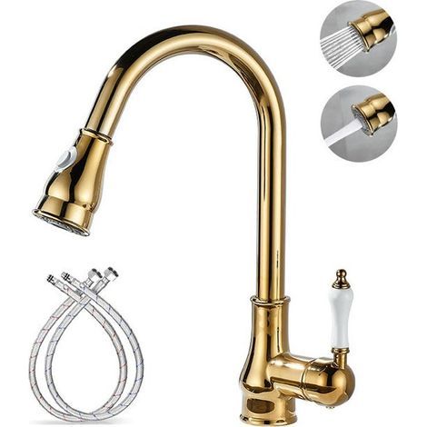 Vintage retractable kitchen faucet, sink faucet, single-lever brass mixer tap, 360-degree swivel kitchen faucet, gold (1/5)