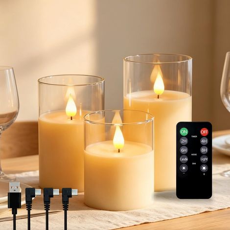 Bougies LED Rechargeables USB avec Télécommande - Flamme Vacillante, Minuterie 2/4/6/8H, 5 Niveaux Luminosité, Bougie Électrique sans Flamme pour Décoration Mariage Salon (Transparent) (1/5)