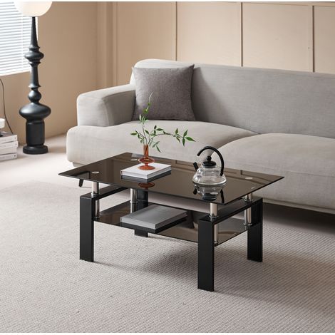 Table basse 100x60x44 cm en verre trempé noir, double plateau, gain de place pour salon – MEUBLIV (1/5)