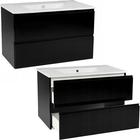 Meuble de salle de bain suspendu - 60 cm - Noir - Avec lavabo et tiroirs pratiques