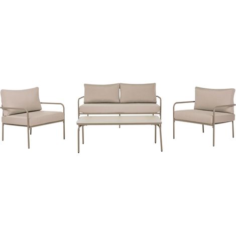 Set da giardino a 4 posti con struttura in acciaio e cuscini sfoderabili beige chiaro Nesso (1/5)