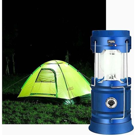 Lanterne LED rechargeable solaire/USB, lampe de camping puissante, lanterne de jardin portable à 2 modes, lampe torche à éclairage 360° (bleue) (1/5)