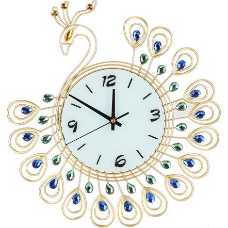 Horloge murale créative en fer forgé de style européen, ornée d'un paon et d'un pendentif en forme de diamant. (1/5)