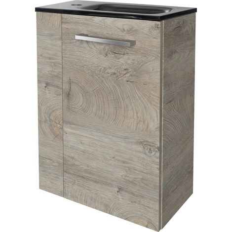 Fackelmann STANFORD SBC Gäste-WC Set 2 Teile – Waschtischunterschrank in Holz Braun mit Waschbecken aus Glas in Anthrazit – Waschbeckenunterschrank schmal – Türanschlag rechts – 45 cm breit"-"9009514 (1/4)