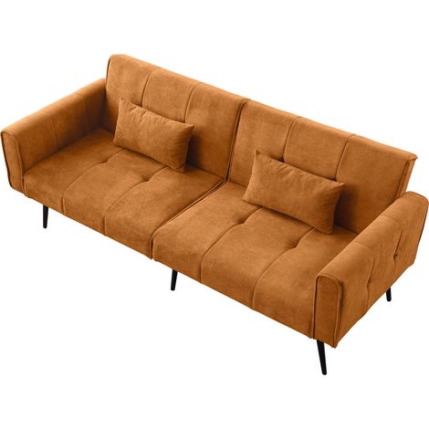 Canapé-lit futon 2 places en velours côtelé orange, compact et confortable, pour salon, chambre ou bureau, avec pieds métal et assise moelleuse CHICFURN (1/5)