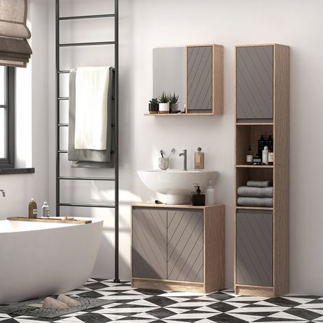 Armoire de salle de bain haute HOMCOM, colonne étroite avec 2 portes et 2 étagères ouvertes, idéale pour les petits espaces, 30 x 24 x 170 cm, chêne et gris